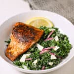 Blackened kale caesar salad in a bowl